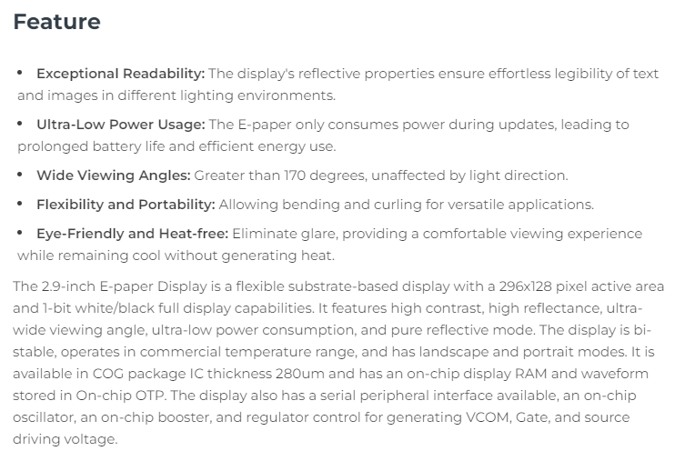 Display Epaper 2.9 - หน้าจอ E-Ink ขาวดำแบบยืดหยุ่นขนาด 2.9 นิ้ว รุ่น